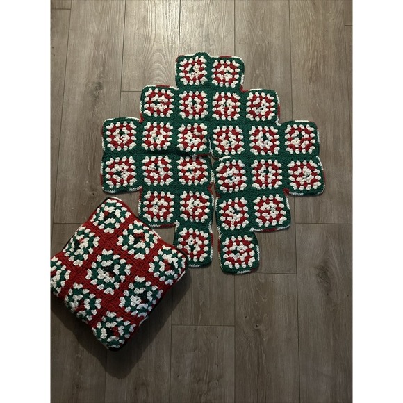 Vintage Christmas Tree Skirt Crocheted Granny Square White Red Green & Pillow